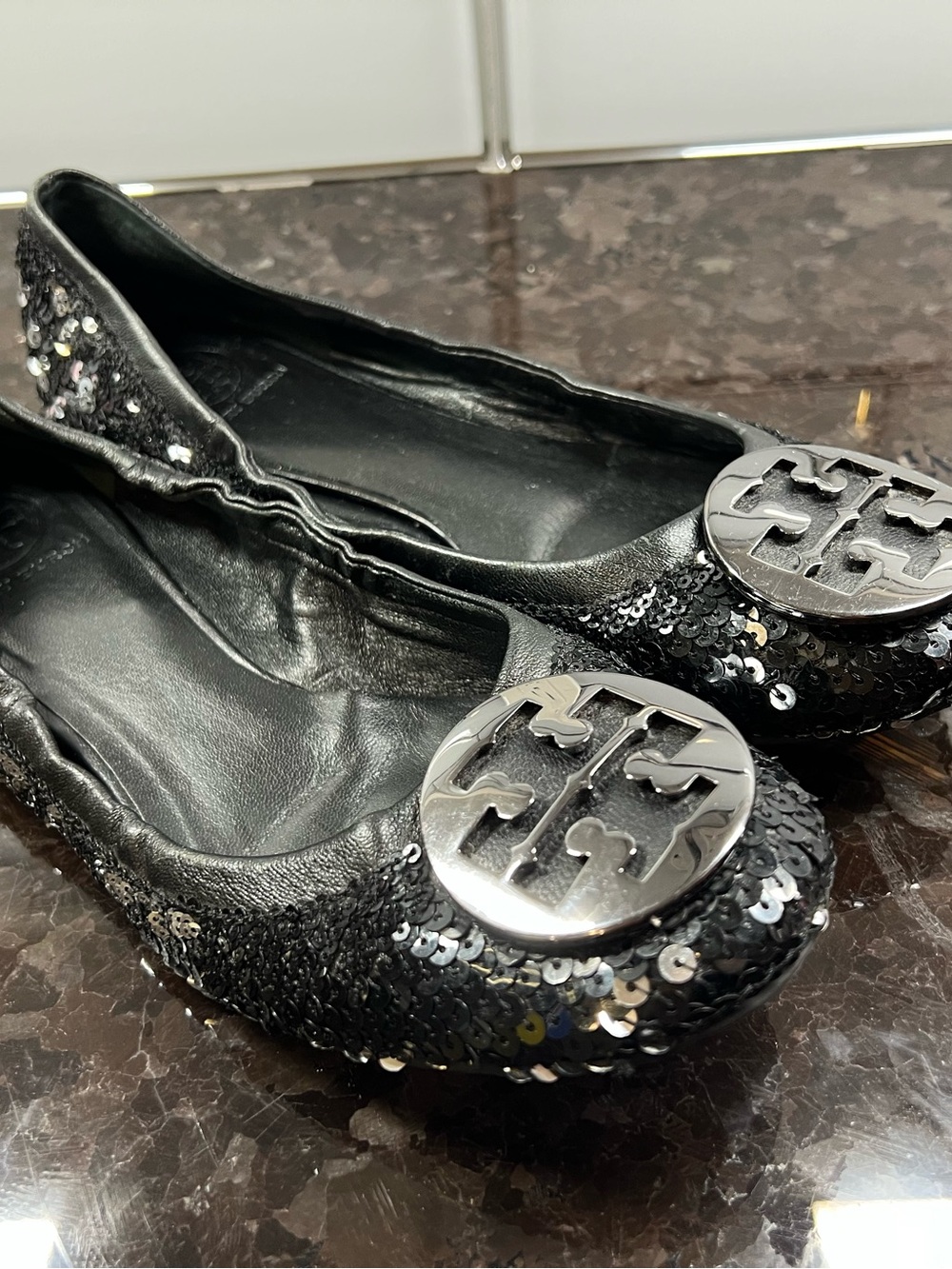 Tory Burch Black Sequin Reva Ballet Flats Size 9M
